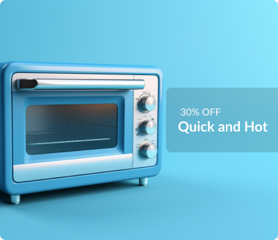 30% off Quick and Hot - toaster oven on blue background