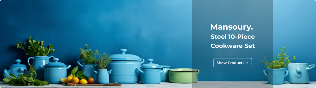 Mansoury steel cookware set promo banner with pots and pans on blue background